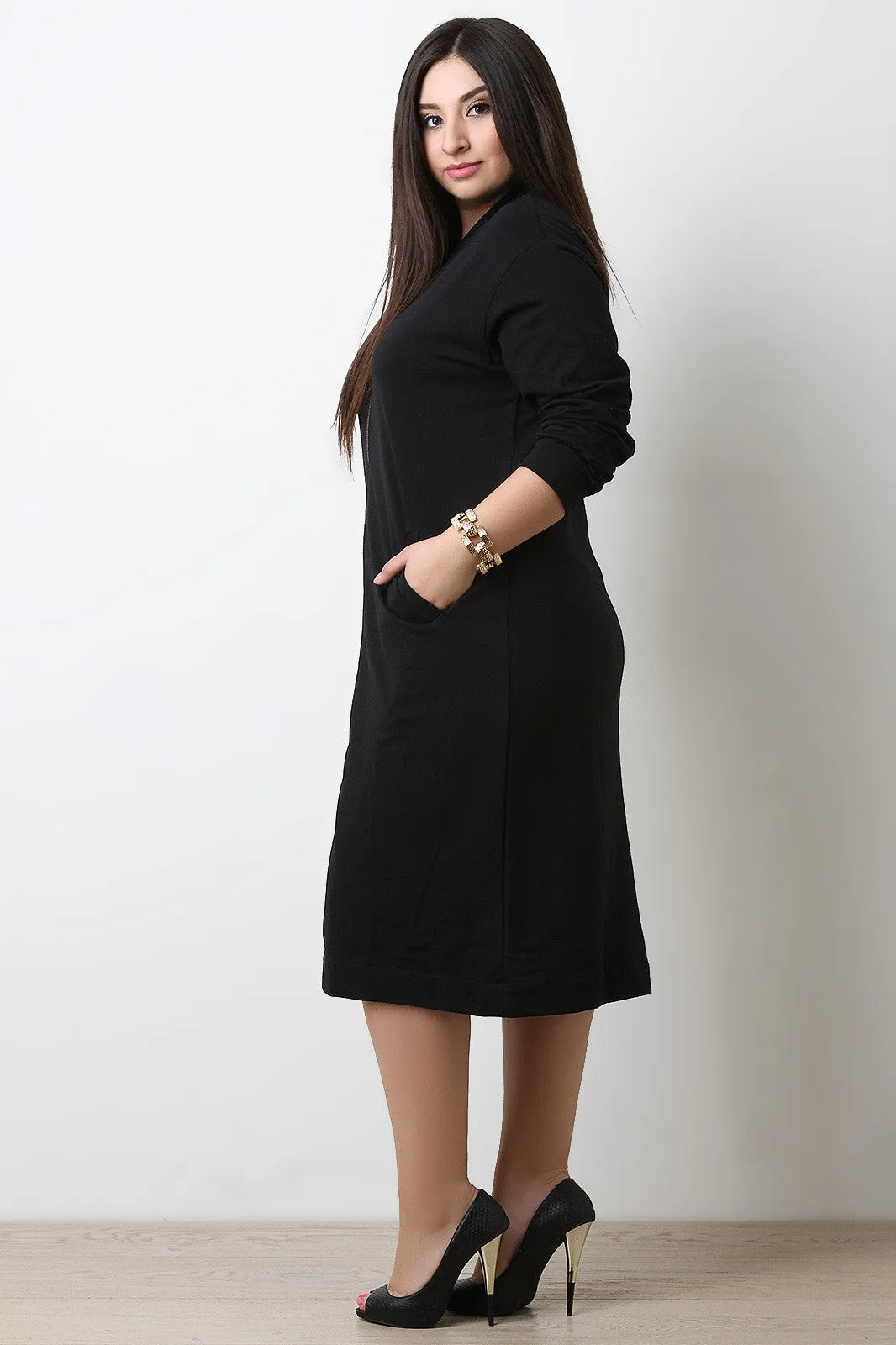 Zippered Front Pocket Sweater Midi Dress