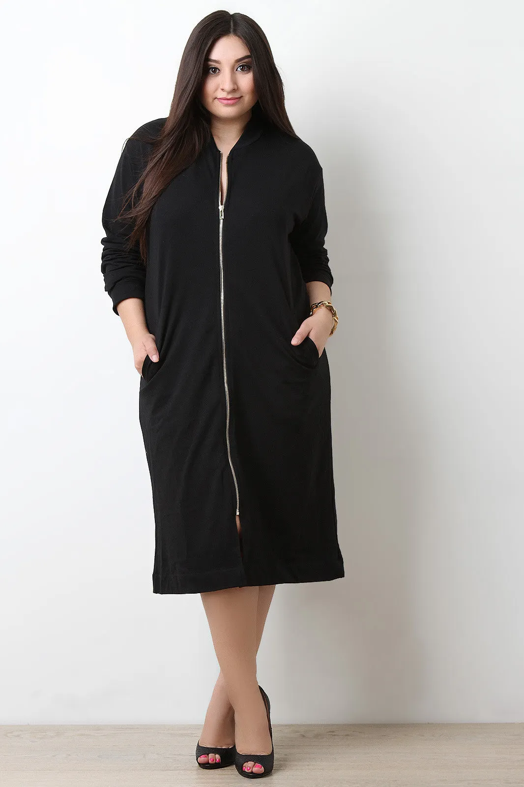 Zippered Front Pocket Sweater Midi Dress